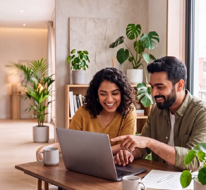 A couple reviewing their investments together on a laptop at home