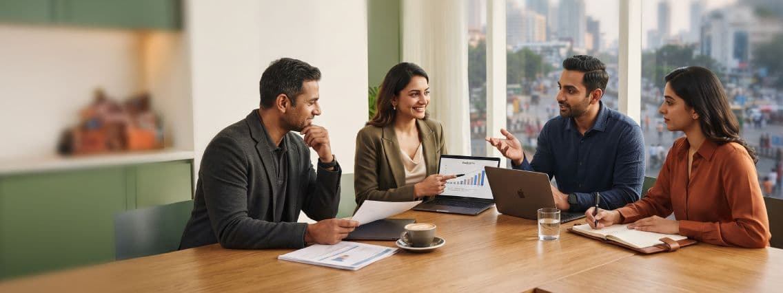 Four Percapita colleagues around a meeting table reviewing a performance chart on a laptop, with a city skyline behind them